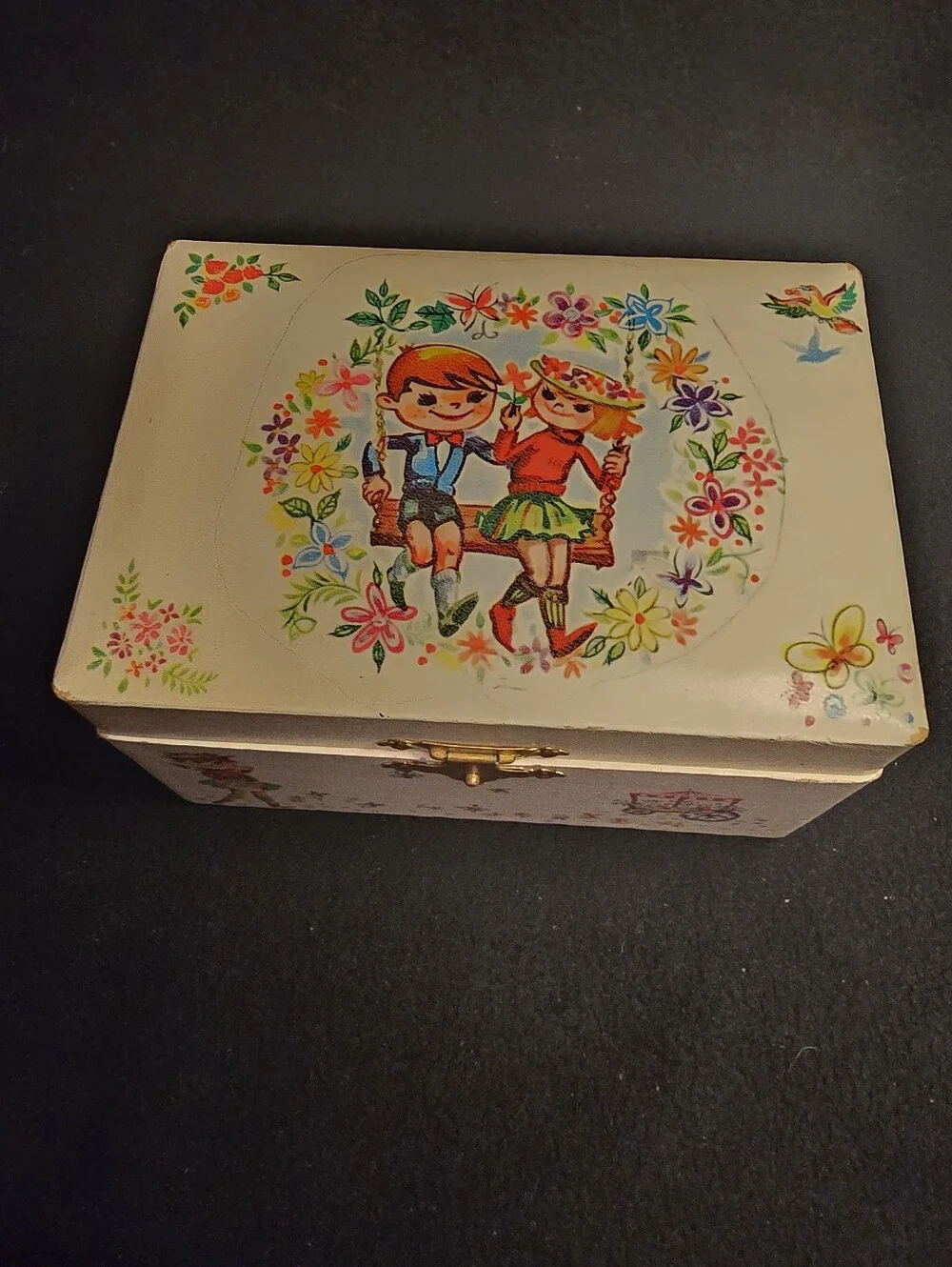 Vintage Pink Music Jewelry Box with Pink Interior and Assorted Toy Figures